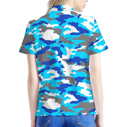 Blue Snow Camouflage Print Women's Polo Shirt
