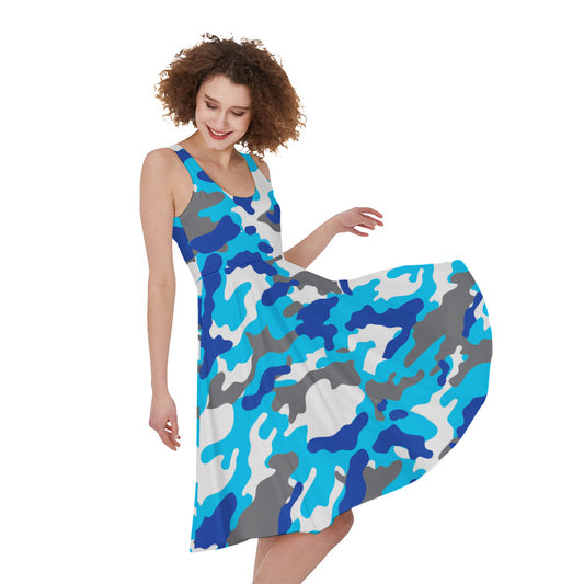 Blue Snow Camouflage Print Women's Sleeveless Dress