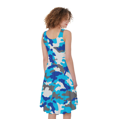Blue Snow Camouflage Print Women's Sleeveless Dress