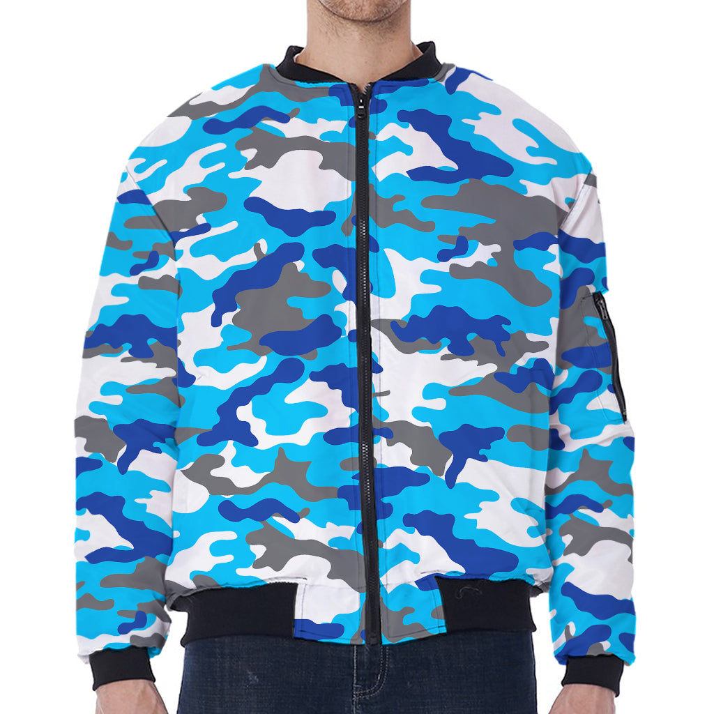 Blue Snow Camouflage Print Zip Sleeve Bomber Jacket
