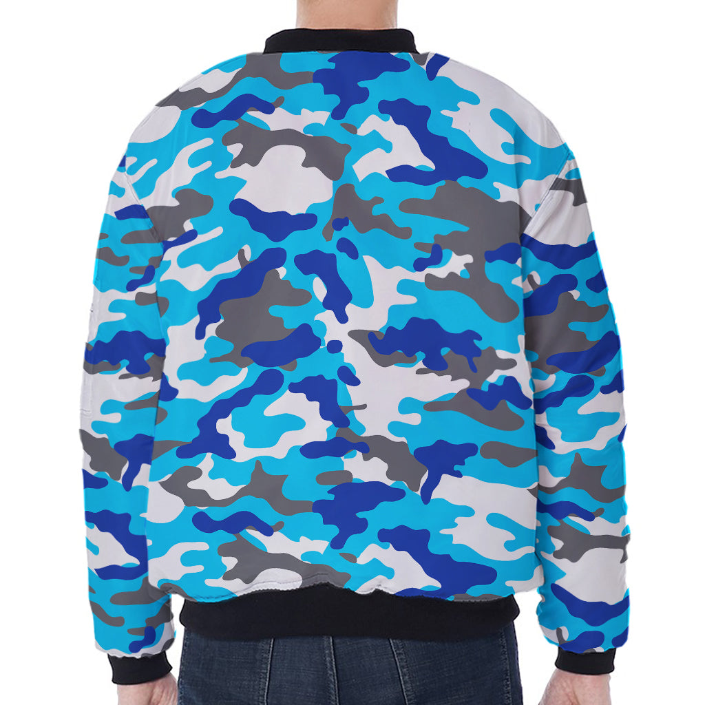 Blue Snow Camouflage Print Zip Sleeve Bomber Jacket