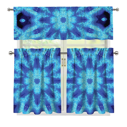 Blue Snowflake Kaleidoscope Print 3 Piece Kitchen Curtains