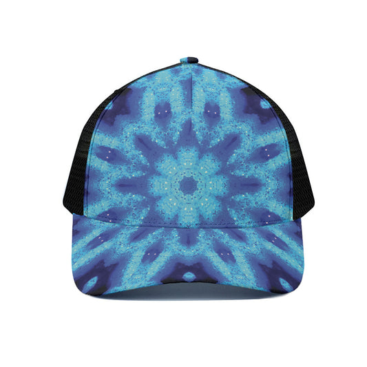 Blue Snowflake Kaleidoscope Print Black Mesh Trucker Cap