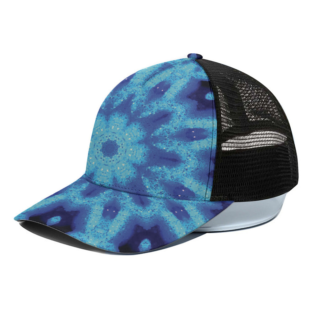 Blue Snowflake Kaleidoscope Print Black Mesh Trucker Cap