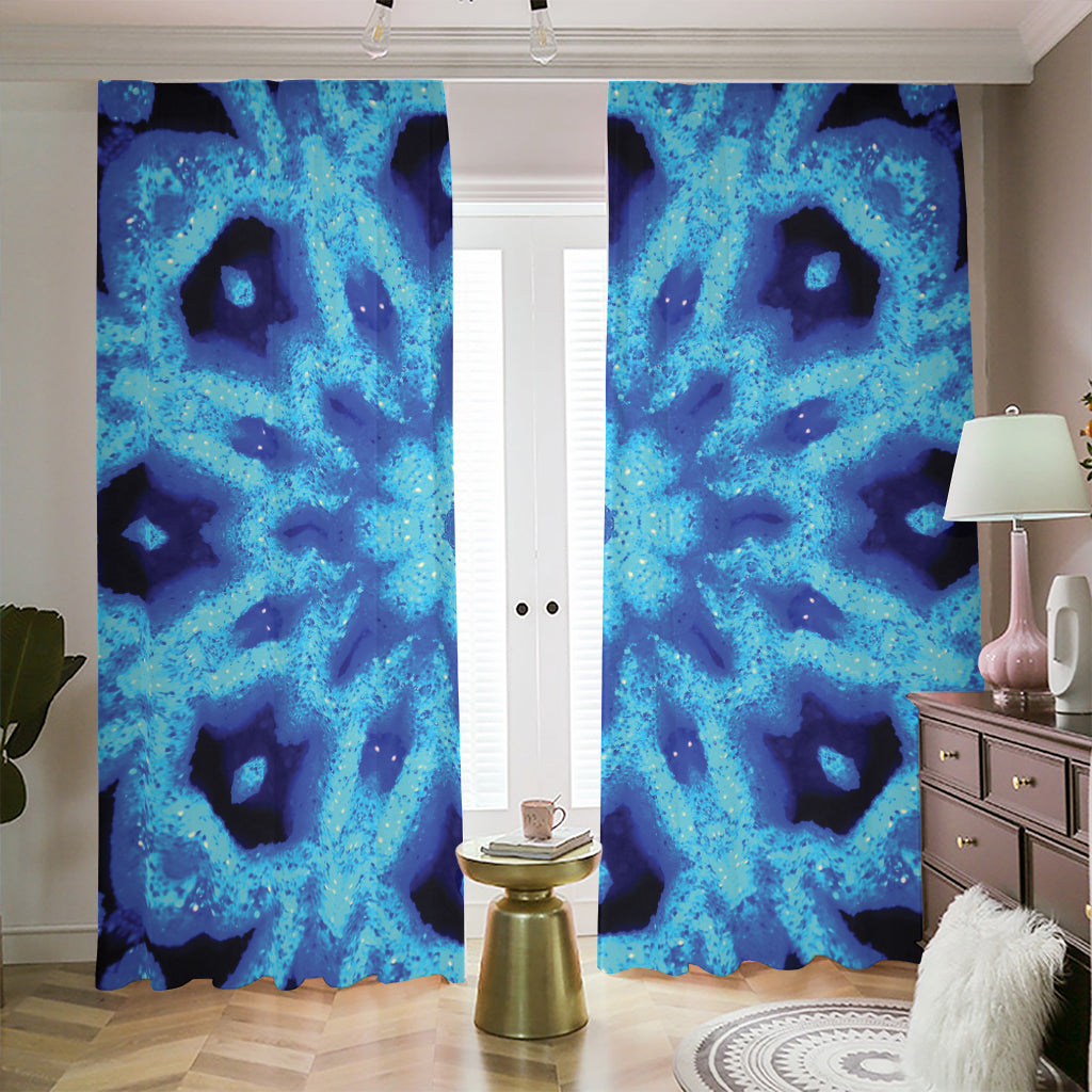 Blue Snowflake Kaleidoscope Print Blackout Pencil Pleat Curtains