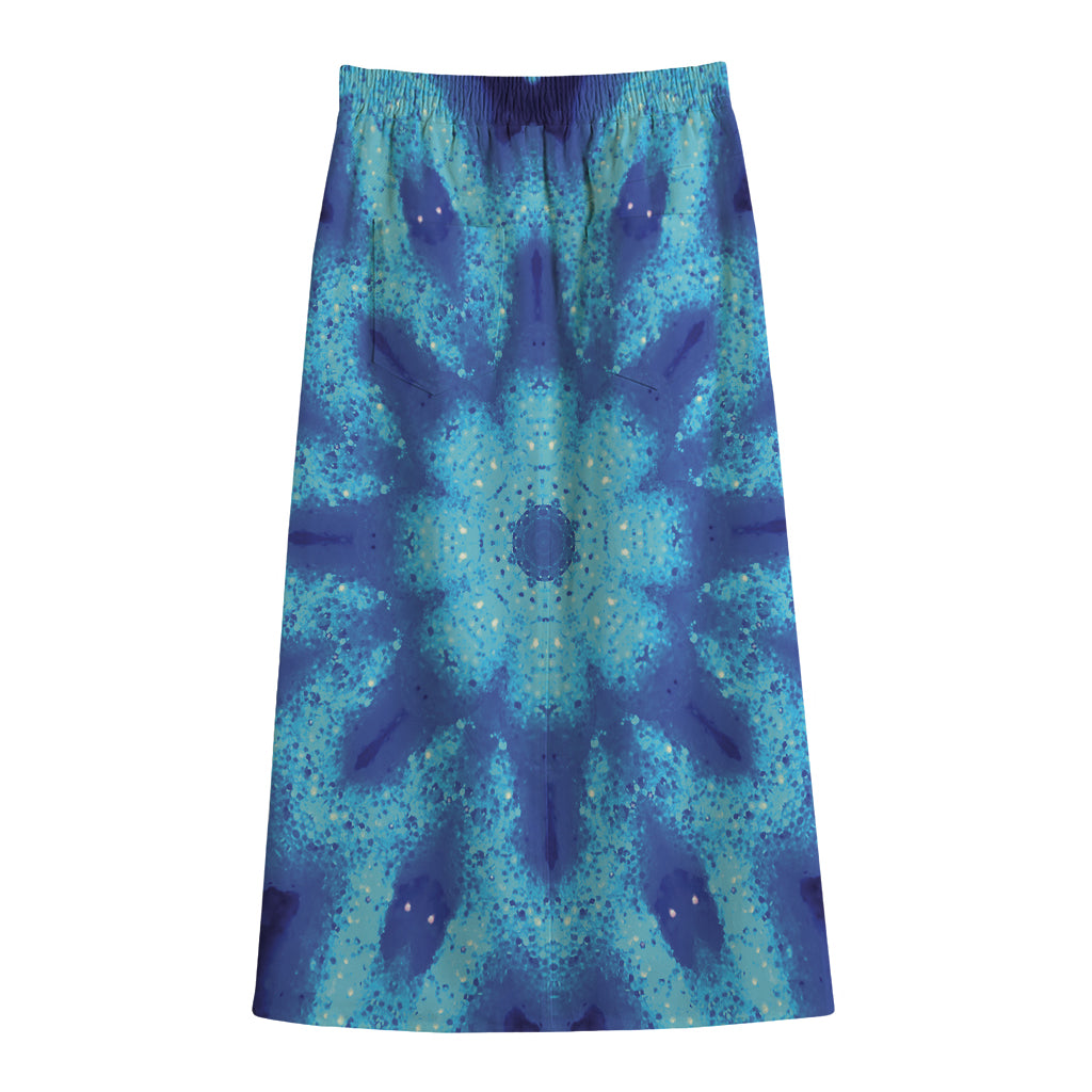 Blue Snowflake Kaleidoscope Print Cotton Front Slit Maxi Skirt