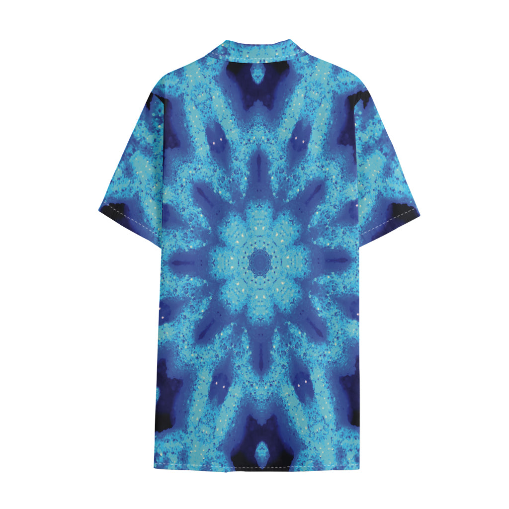 Blue Snowflake Kaleidoscope Print Cotton Hawaiian Shirt