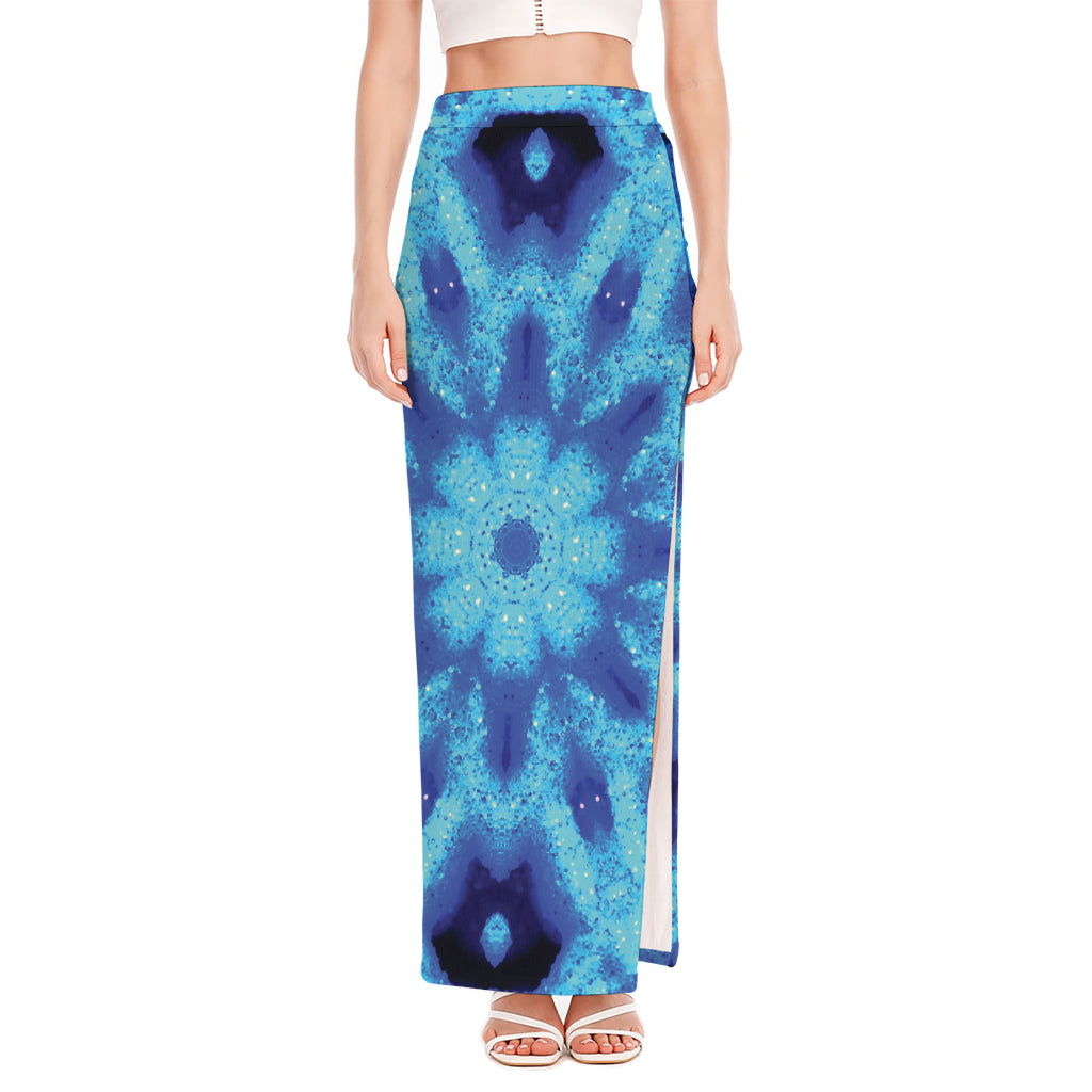 Blue Snowflake Kaleidoscope Print High Slit Maxi Skirt