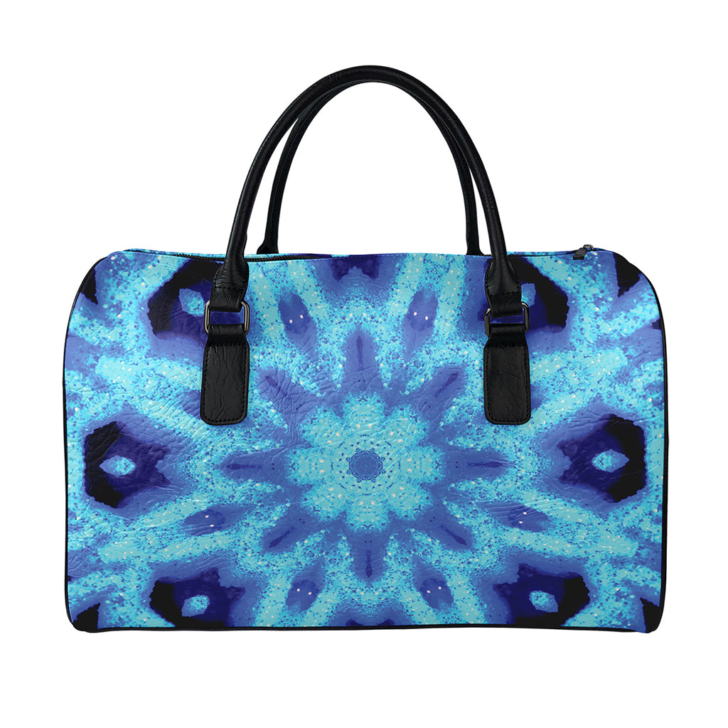 Blue Snowflake Kaleidoscope Print Leather Duffle Bag