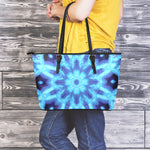 Blue Snowflake Kaleidoscope Print Leather Tote Bag