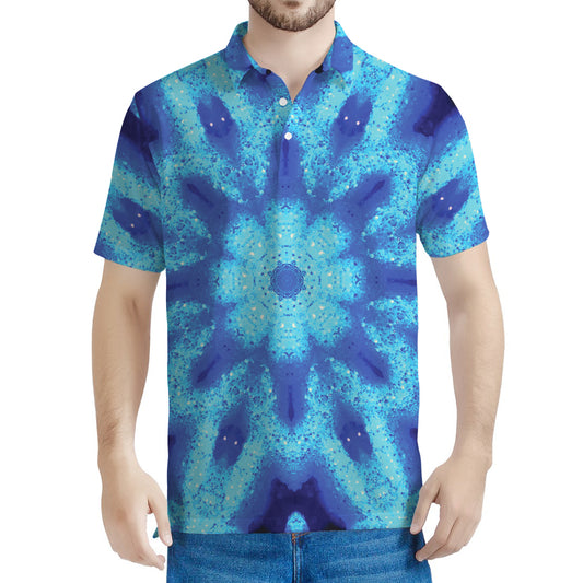 Blue Snowflake Kaleidoscope Print Men's Polo Shirt