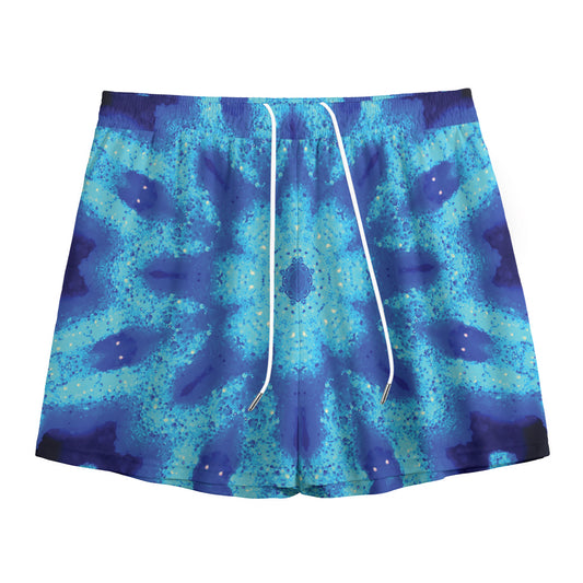 Blue Snowflake Kaleidoscope Print Mesh Shorts