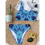 Blue Snowflake Kaleidoscope Print One Shoulder Bikini Top