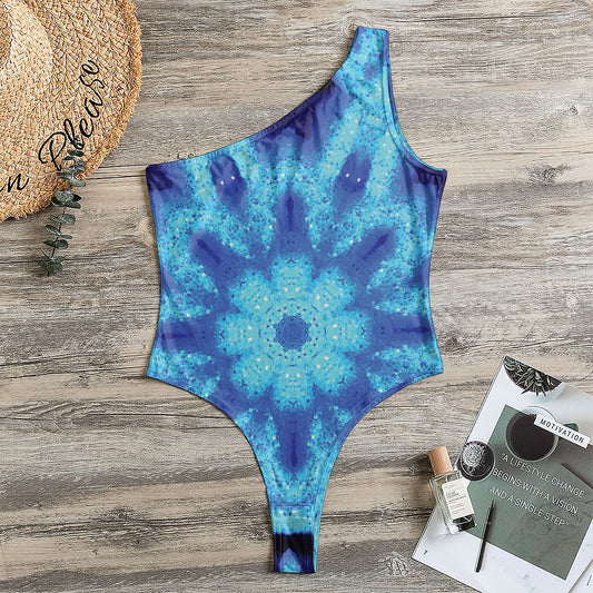 Blue Snowflake Kaleidoscope Print One Shoulder Bodysuit