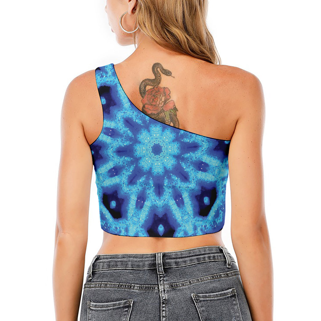 Blue Snowflake Kaleidoscope Print One Shoulder Crop Top