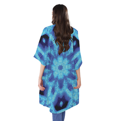 Blue Snowflake Kaleidoscope Print Open Front Beach Cover Up