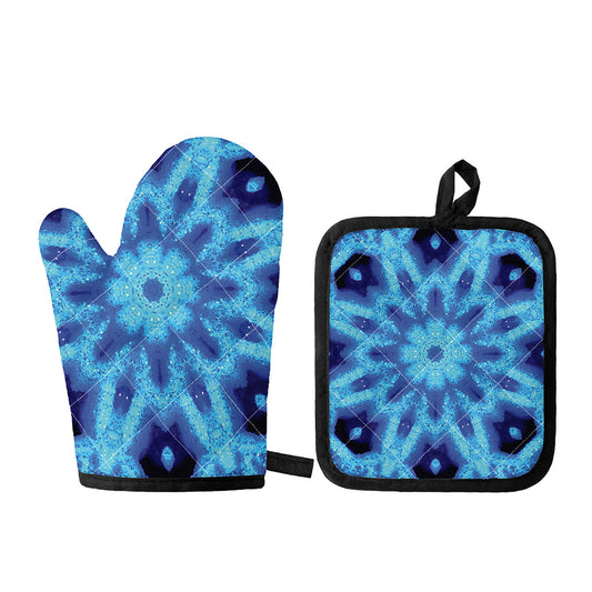 Blue Snowflake Kaleidoscope Print Oven Mitt And Pot Holder Set