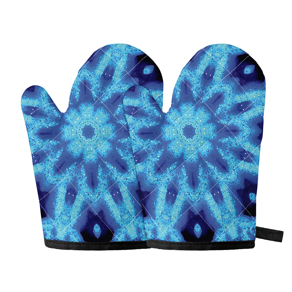 Blue Snowflake Kaleidoscope Print Oven Mitts