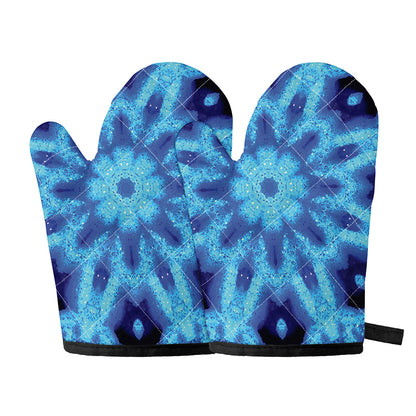 Blue Snowflake Kaleidoscope Print Oven Mitts