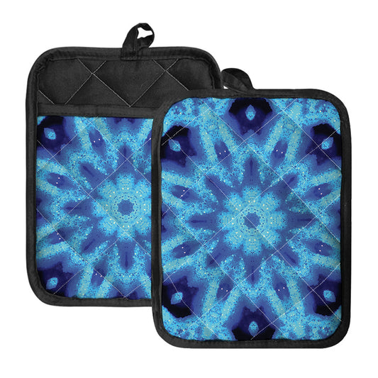 Blue Snowflake Kaleidoscope Print Pot Holders With Pocket