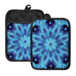 Blue Snowflake Kaleidoscope Print Pot Holders With Pocket