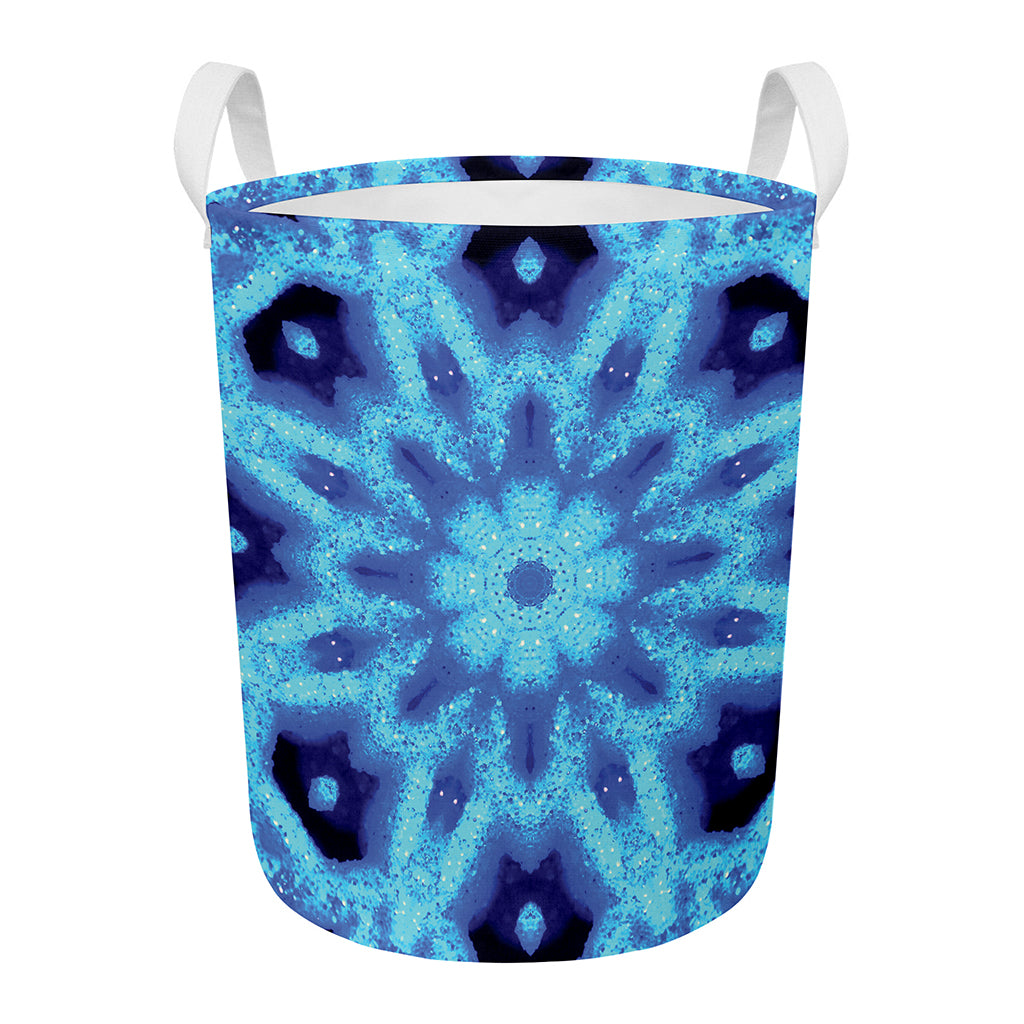 Blue Snowflake Kaleidoscope Print Round Laundry Basket