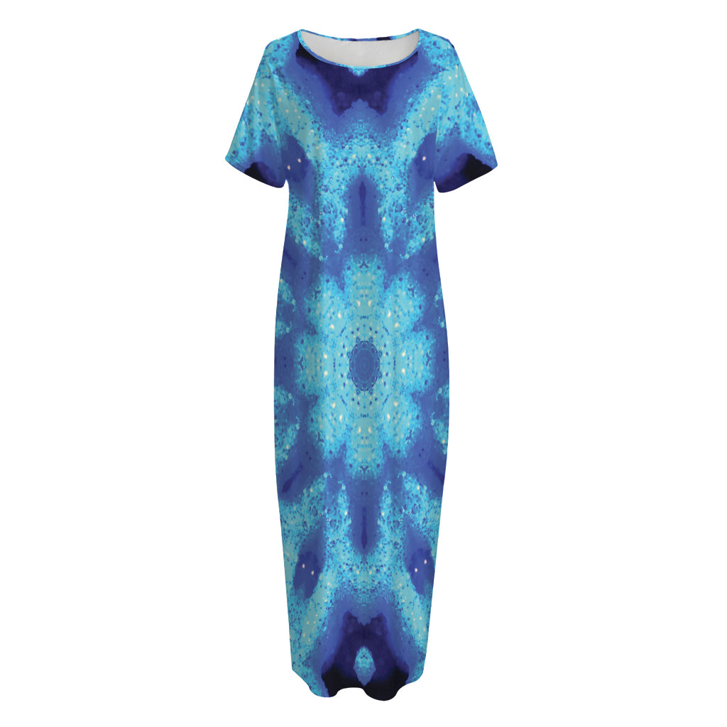 Blue Snowflake Kaleidoscope Print Short Sleeve Long Nightdress