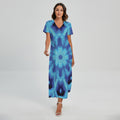 Blue Snowflake Kaleidoscope Print Short Sleeve Maxi Dress