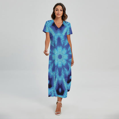 Blue Snowflake Kaleidoscope Print Short Sleeve Maxi Dress