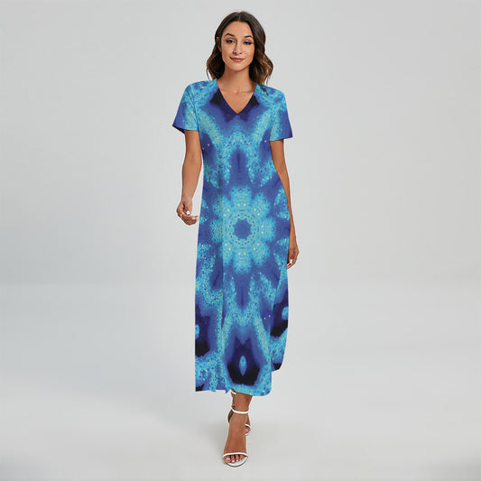 Blue Snowflake Kaleidoscope Print Short Sleeve Maxi Dress