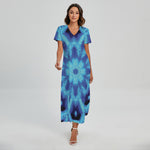 Blue Snowflake Kaleidoscope Print Short Sleeve Maxi Dress