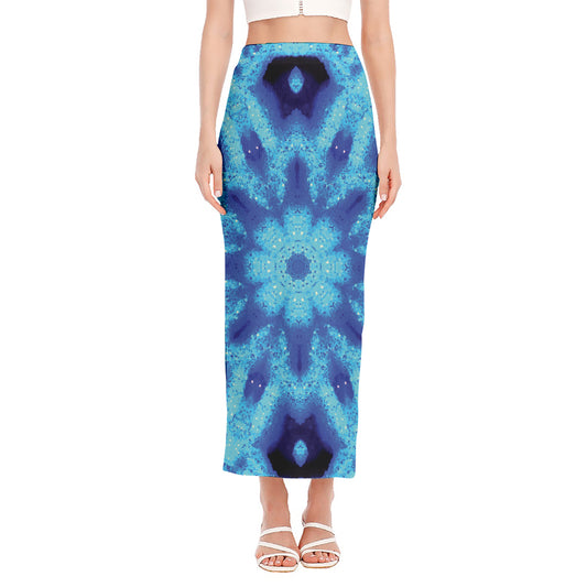 Blue Snowflake Kaleidoscope Print Side Slit Maxi Skirt