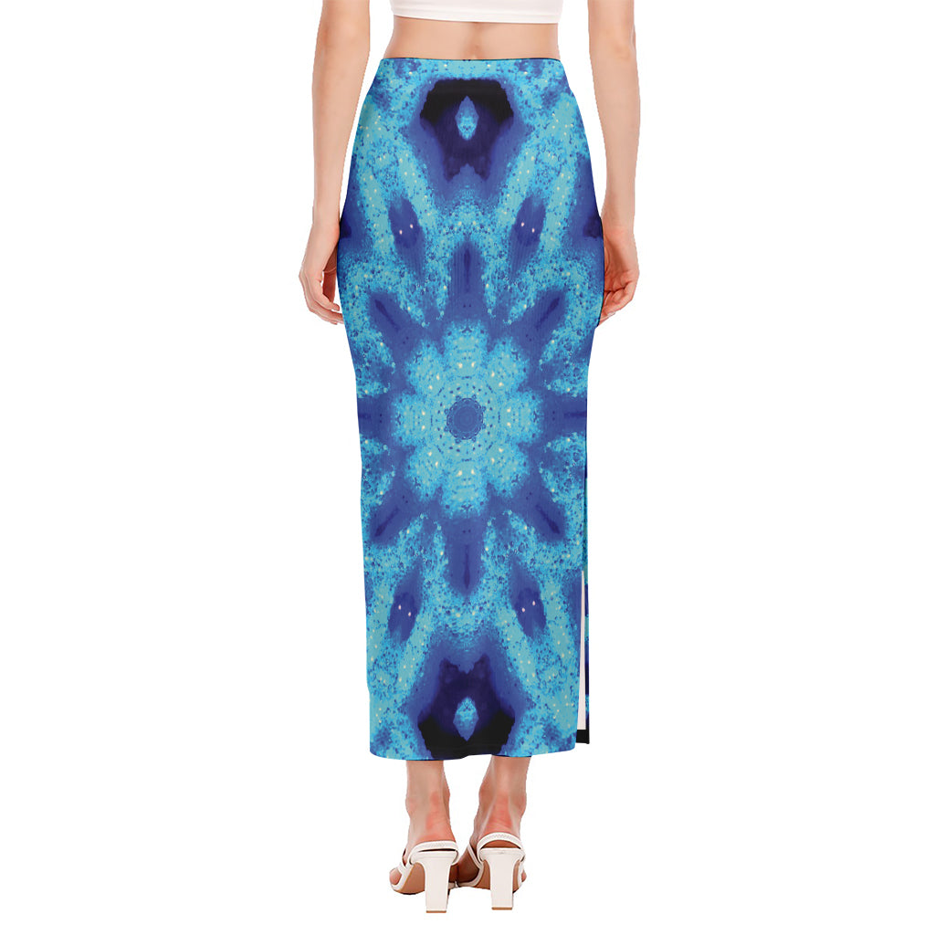 Blue Snowflake Kaleidoscope Print Side Slit Maxi Skirt