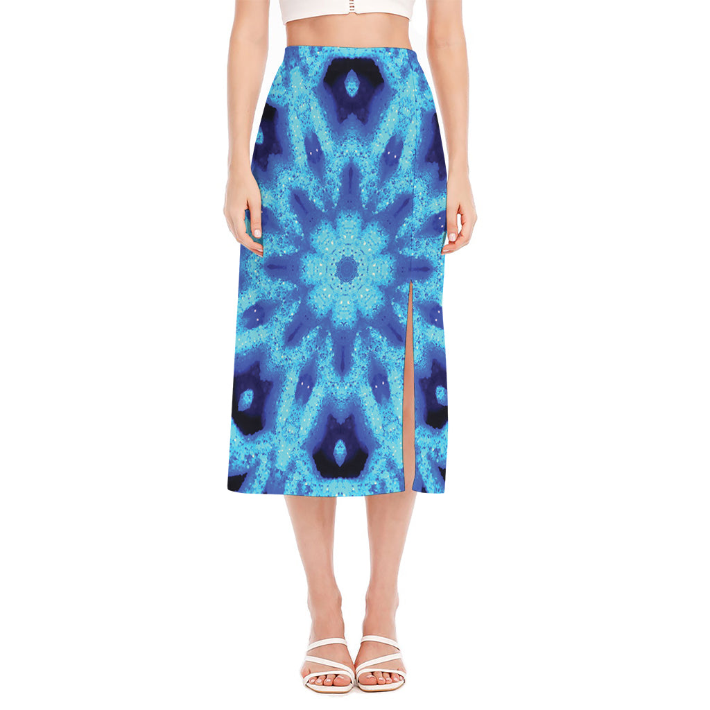 Blue Snowflake Kaleidoscope Print Side Slit Midi Skirt