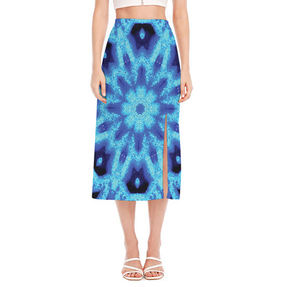 Blue Snowflake Kaleidoscope Print Side Slit Midi Skirt