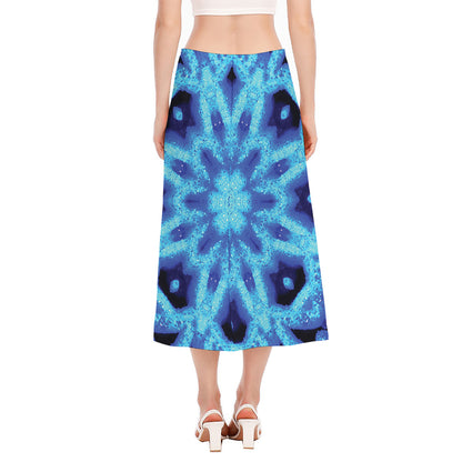 Blue Snowflake Kaleidoscope Print Side Slit Midi Skirt