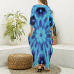 Blue Snowflake Kaleidoscope Print Silk V-Neck Kaftan Dress