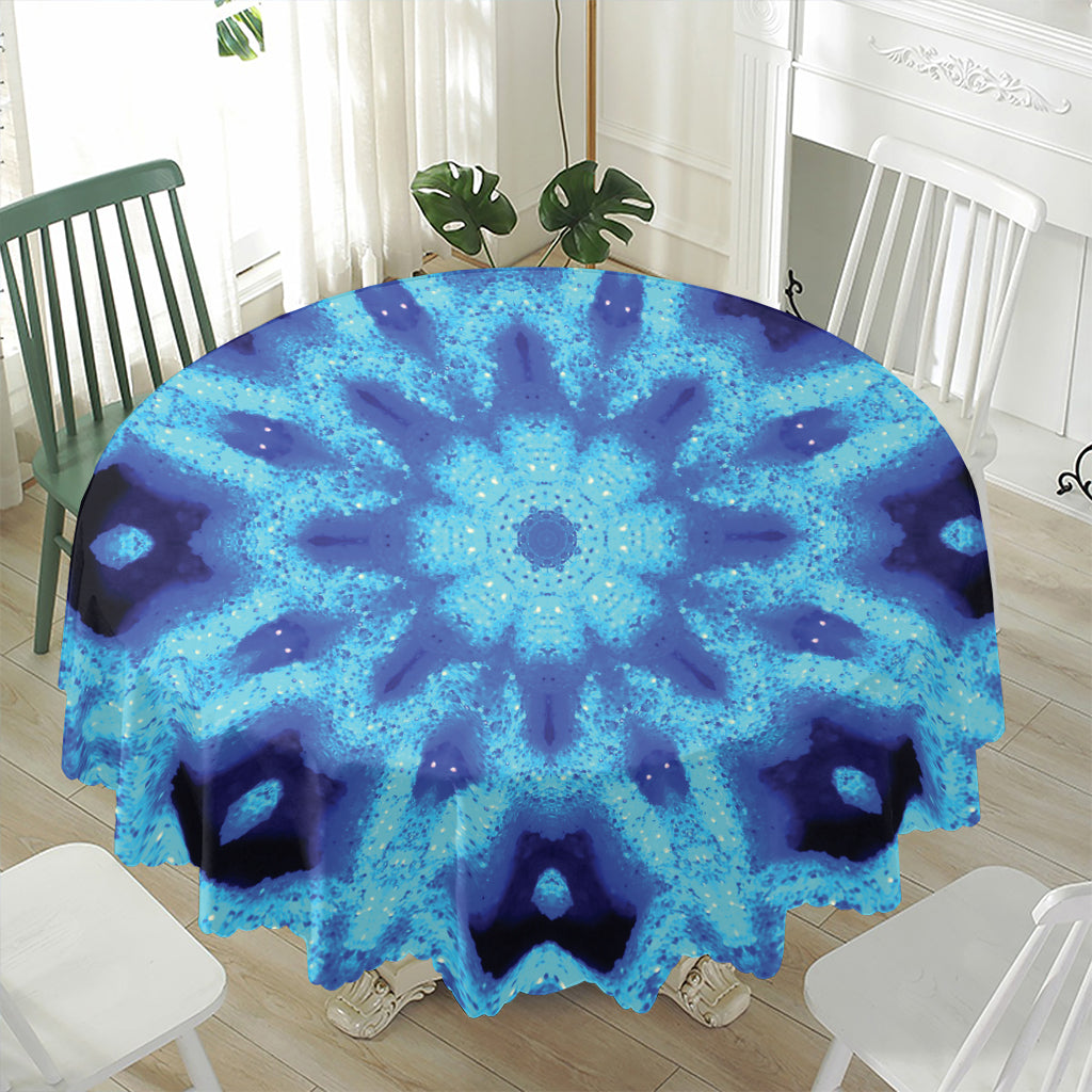 Blue Snowflake Kaleidoscope Print Waterproof Round Tablecloth