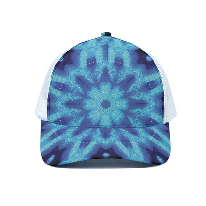 Blue Snowflake Kaleidoscope Print White Mesh Trucker Cap