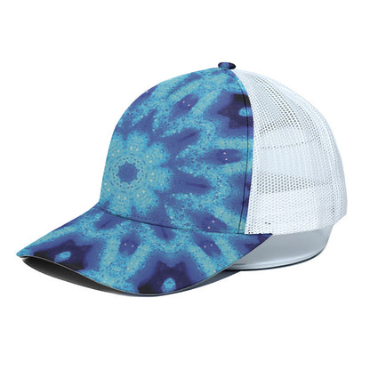 Blue Snowflake Kaleidoscope Print White Mesh Trucker Cap