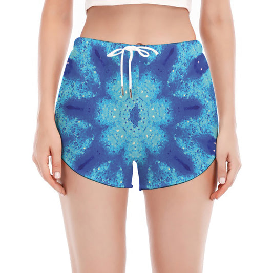 Blue Snowflake Kaleidoscope Print Women's Split Running Shorts