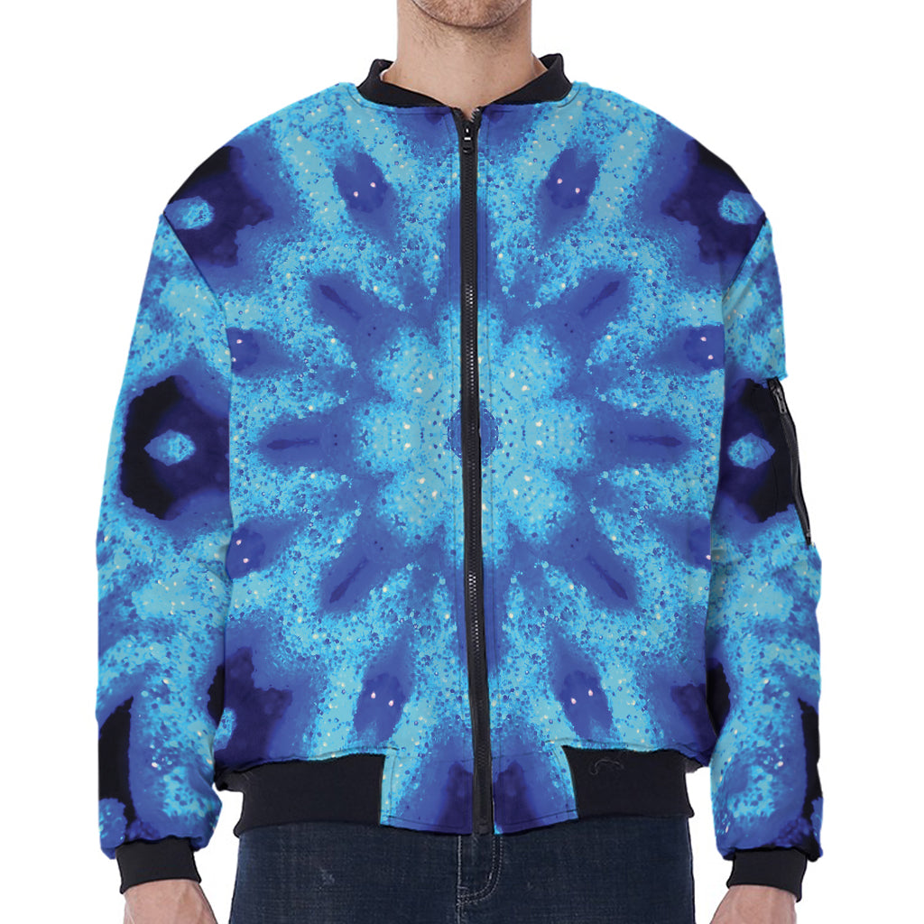 Blue Snowflake Kaleidoscope Print Zip Sleeve Bomber Jacket