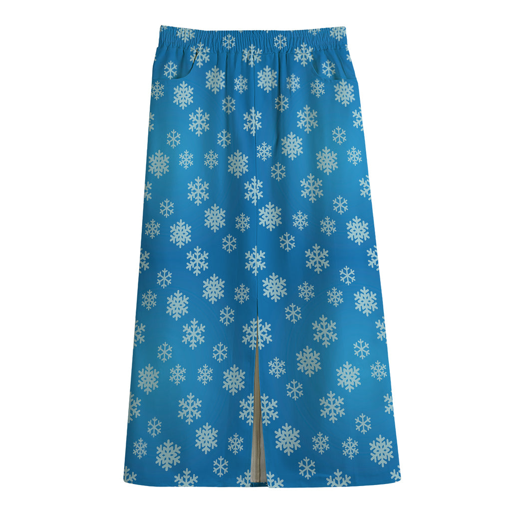 Blue Snowflake Pattern Print Cotton Front Slit Maxi Skirt