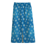 Blue Snowflake Pattern Print Cotton Front Slit Maxi Skirt