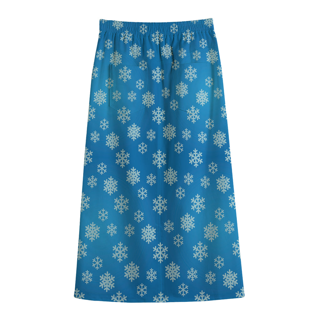 Blue Snowflake Pattern Print Cotton Front Slit Maxi Skirt