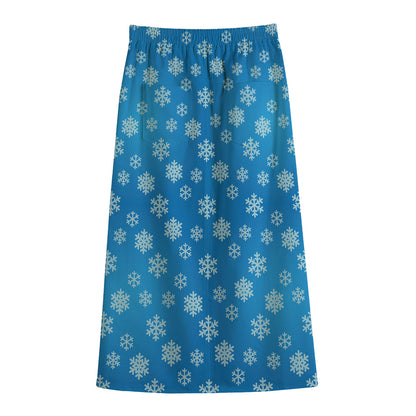 Blue Snowflake Pattern Print Cotton Front Slit Maxi Skirt