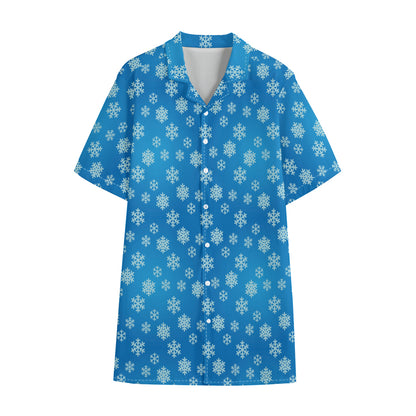 Blue Snowflake Pattern Print Cotton Hawaiian Shirt