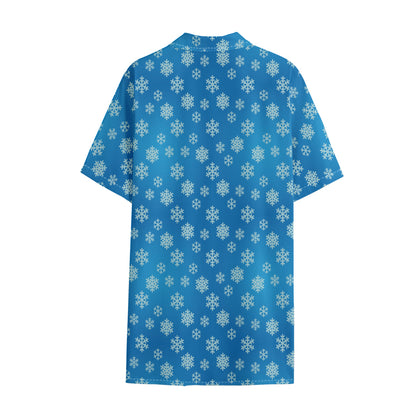 Blue Snowflake Pattern Print Cotton Hawaiian Shirt