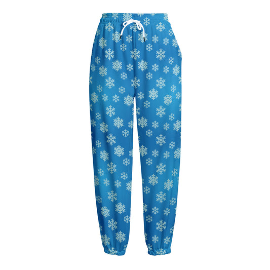 Blue Snowflake Pattern Print Fleece Lined Knit Pants