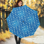 Blue Snowflake Pattern Print Foldable Umbrella